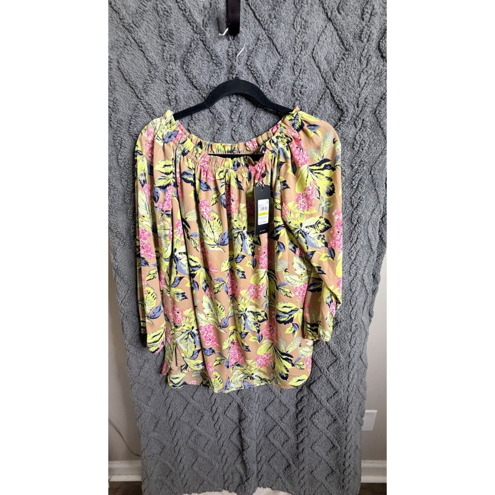 Jones NY Tan Floral Boat Neck Off Shoulder Lined Blouse Top Womens Medium